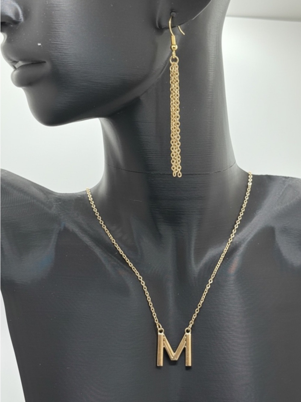 Gold Tone M Necklace Tassel Earrings Set NWOT